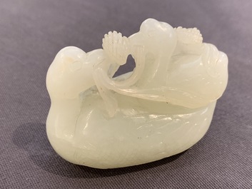 Un groupe en jade sculpt&eacute; figurant deux canards mandarin sur feuille de lotus, 19&egrave;me