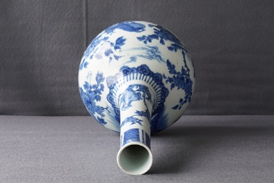 A large Chinese blue and white bottle vase with birds in a landscape, Wanli