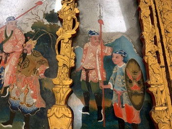A rare Chinese gilt wood and reverse glass painted mirror, 2nd half 18th C.