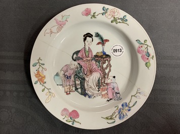 A Chinese famille rose eggshell 'ruby back' plate, Yongzheng