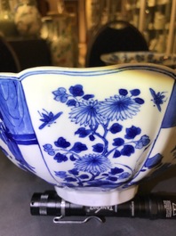 A Chinese blue and white bowl with figurative and floral panels, Chenghua mark, Kangxi