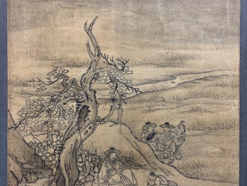 Koreaanse school: Figuren in een landschap, inkt op papier, Joseon, 18/19e eeuw