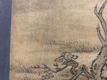Korean school: Figures in a landscape, ink on paper, Joseon, 18/19th C.