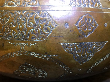 A large Islamic silvered and tinned copper basin, prob. Iran or Syria, 19th C.