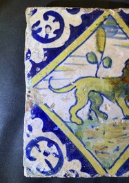 Two polychrome maiolica tiles with a dog and a bear, Antwerp or Middelburg, late 16th C.