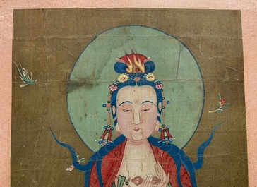 Chinese school: De staande godin Guanyin, inkt en kleur op papier, 18/19e eeuw