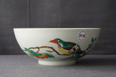 A Chinese famille verte 'birds on peach branches' bowl, Kangxi mark, 19th C.