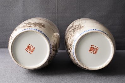 A pair of Chinese landscape vases, signed Zhou Guo Jun, Republic, 20th C.