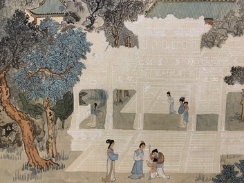 Chinese school: 'Da Guan Yuan' garden, ink and colour on paper, 20th C.