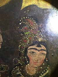 A Qajar arch-shaped oil on canvas: Zulaikha's servants cutting their hands as Yusuf appears, Qajar, 19th C.