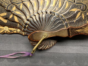 Two Chinese lacquer and painted paper fans with original boxes, Canton, 19th C.