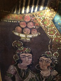 Ecole qajar, huile sur toile en forme d'arche: Les servantes de Zulaykha se mutilent en pr&eacute;sence de Yusuf, Iran, 19&egrave;me
