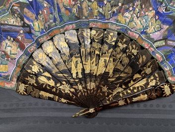 Two Chinese lacquer and painted paper fans with original boxes, Canton, 19th C.