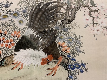 Ecole chinoise: Oiseaux aupr&egrave;s de branches fleuries, aquarelle et encre sur soie, 18/19&egrave;me