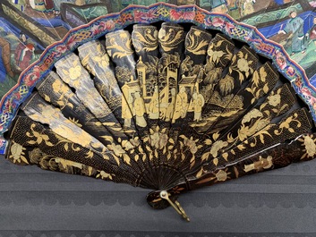 Two Chinese lacquer and painted paper fans with original boxes, Canton, 19th C.