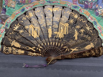 Two Chinese lacquer and painted paper fans with original boxes, Canton, 19th C.