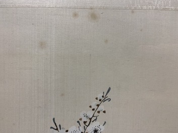 Ecole chinoise: Oiseaux aupr&egrave;s de branches fleuries, aquarelle et encre sur soie, 18/19&egrave;me