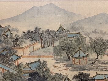 Ecole chinoise: Le jardin 'Da Guan Yuan', encre et couleur sur papier, 20&egrave;me