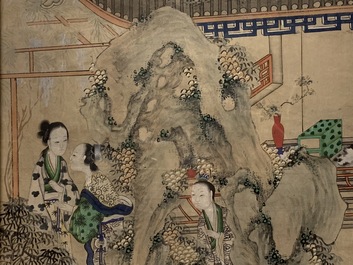 Ecole chinoise: Image du palais du printemps, 16/17&egrave;me et 'Guanyin aux servants', 19&egrave;me