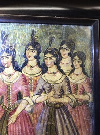 Qajar school: Triptiek met voorstelling van een prinselijke optocht, olie op paneel, Iran, 19e eeuw