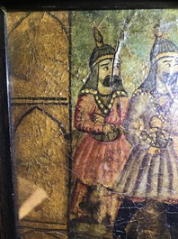 Ecole qajar: Triptyque d'une parade d'un prince, huile sur panneau, Iran, 19&egrave;me
