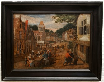 Vlaamse school: Kermistafereel met feesttafel, olie op paneel, 17e eeuw