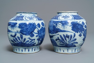 Een paar Chinese blauwwitte potten met vogels in struikgewas, Wanli
