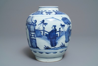 Une jarre en porcelaine de Chine bleu et blanc &agrave; d&eacute;cor de personnages, Wanli/Tianqi