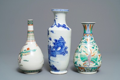 Three Chinese blue and white, doucai and famille verte vases, 19/20th C.