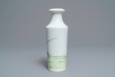 A Chinese famille rose rouleau vase with fishermen, Qianlong mark, Republic, 20th C.