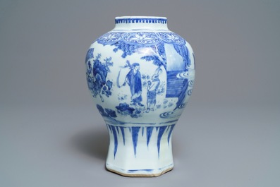 A Chinese blue and white baluster vase with unusual figural design, Transitional period