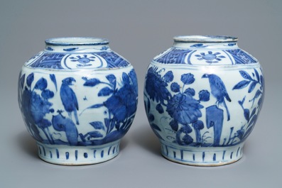 Een paar Chinese blauwwitte potten met vogels in struikgewas, Wanli