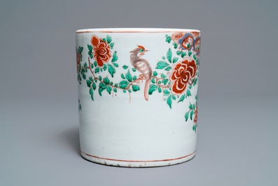 A large Chinese wucai 'birds and peonies' brush pot, Transitional period