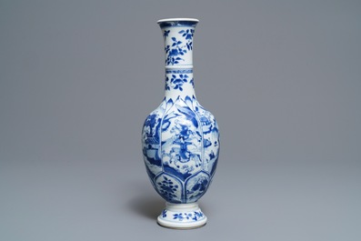 A Chinese blue and white bottle vase with horseriders and landscapes, Kangxi