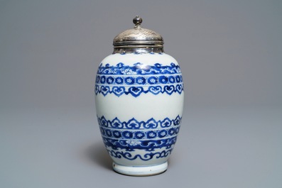 A Chinese silver-mounted blue and white tea caddy, Kangxi