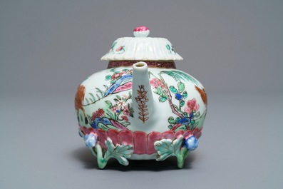 A Chinese famille rose lotus-moulded teapot and cover, Yongzheng