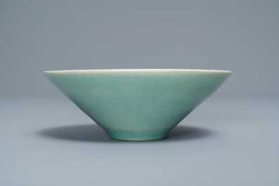 A Korean conical celadon bowl with underglaze floral design, Goryeo or later