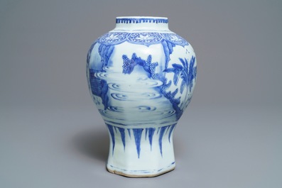 A Chinese blue and white baluster vase with unusual figural design, Transitional period