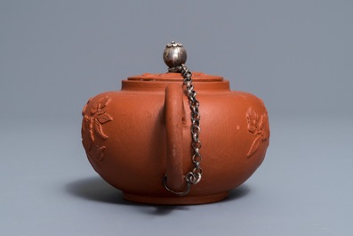 A Dutch Delft silver-mounted yixing style red earthenware teapot and cover, 1st quarter 18th C.