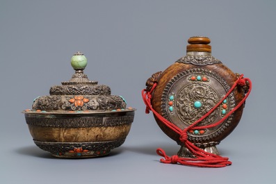 A Tibetan inlaid silver sword with jade hilt, a covered bowl and a flask, 19th C.