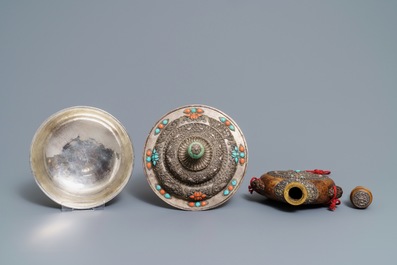 A Tibetan inlaid silver sword with jade hilt, a covered bowl and a flask, 19th C.