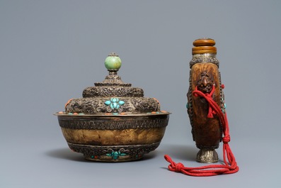 A Tibetan inlaid silver sword with jade hilt, a covered bowl and a flask, 19th C.