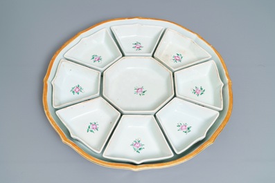 A Chinese famille rose 'Tobacco Leaf' sweetmeat set on tray, 1st half 19th C.