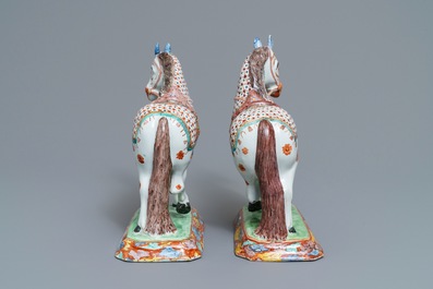 A fine pair of polychrome petit feu and gilded Dutch Delft models of horses, 1st half 18th C.