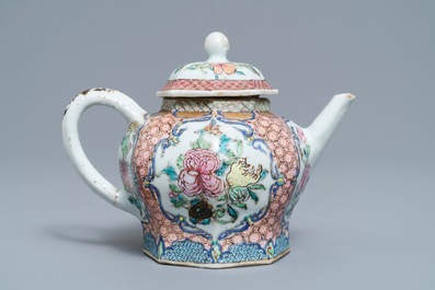 An octagonal Chinese famille rose teapot and cover, Yongzheng