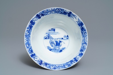 A Chinese blue and white klapmuts bowl with figural design, Kangxi mark and of the period