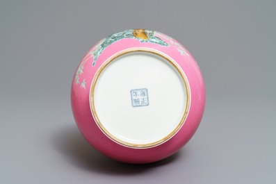 A Chinese famille rose pink-ground vase with floral design, Yongzheng mark, 20th C.