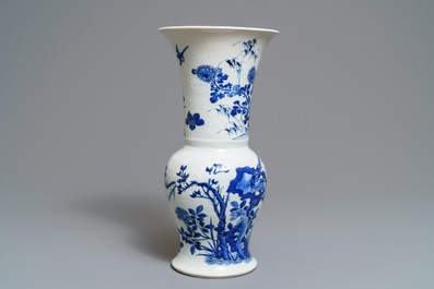 Een Chinese blauwwitte 'bianco sopra bianco' yenyen vaas met vogels bij bloesems, Kangxi