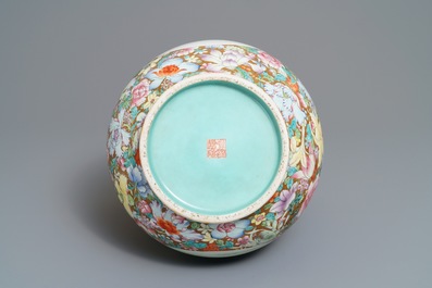 A Chinese famille rose 'millefleurs' hu vase, Qianlong mark, 20th C.
