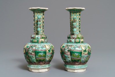 A pair of Chinese verte biscuit vases, Kangxi